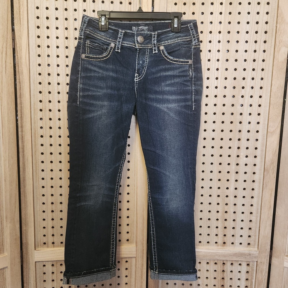 Silver Suki Womens 26 X 22.5 Dark Wash Distressed‎ Heavy Stitch High Capri Jeans